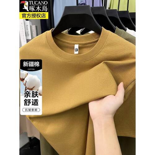 夏季蚕丝棉短袖t恤男士圆领纯色休闲上衣潮流薄款半袖体恤