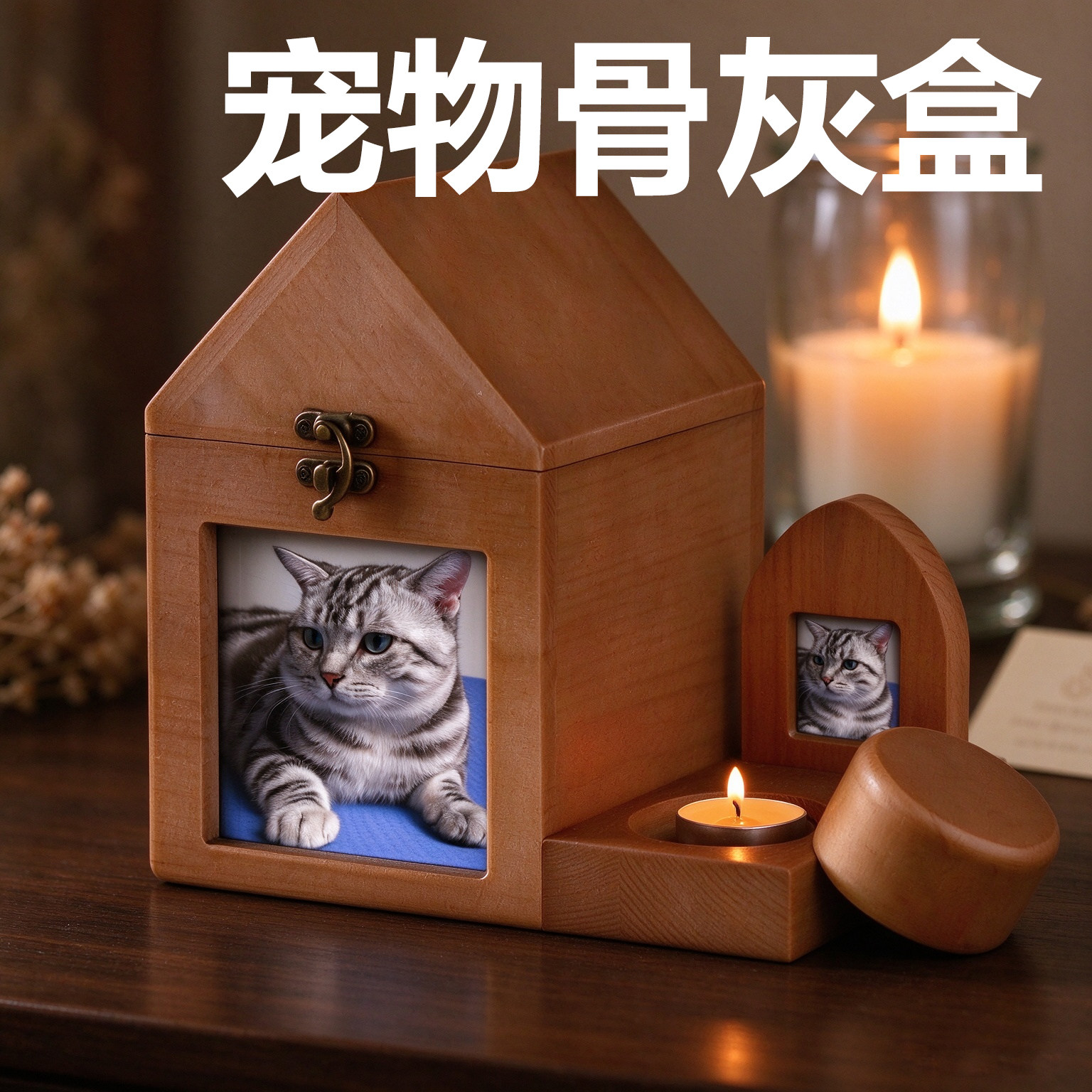 宠物纪念罐火化猫狗骨灰盒陶瓷殡葬用品实木照片相框棺材烛台