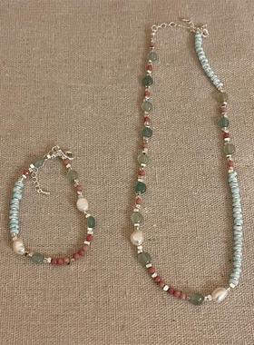 女天然石淡水珍珠拼接项链手链