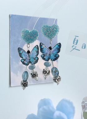 多巴胺蓝色蝴蝶串珠耳环暗黑高冷甜酷辣妹Y2K风格少女心耳夹耳饰