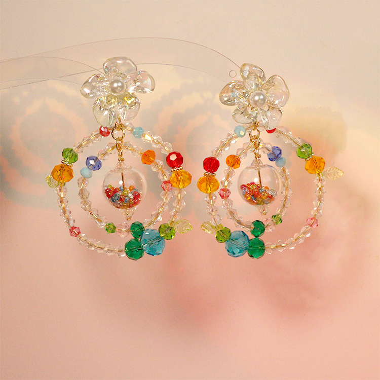 清新甜美女水晶串珠灵动撞色耳饰