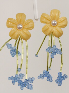 春夏浪漫蓝色妖姬花花奶黄色出游拍照出片长款耳环耳钉耳夹耳饰品