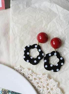 原创小众设计法式复古黑白波点摩登耳环vitage暗黑港风简约耳夹