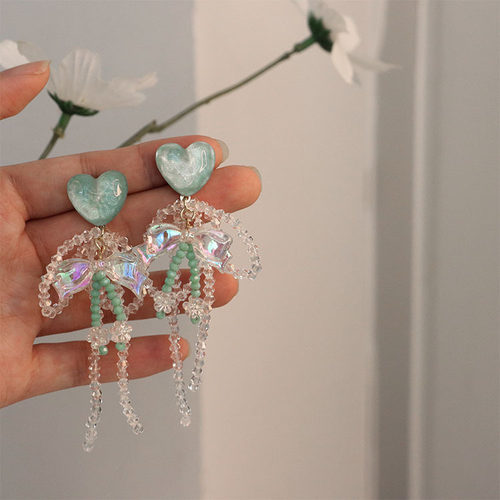 薄荷绿闪粉爱心串珠水晶蝴蝶结花朵耳环长款显瘦螺旋耳夹耳钉耳饰