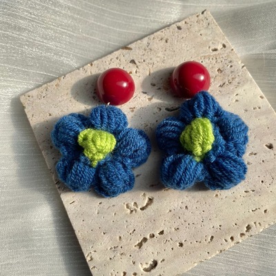 复古可爱女红蓝撞色花花耳饰