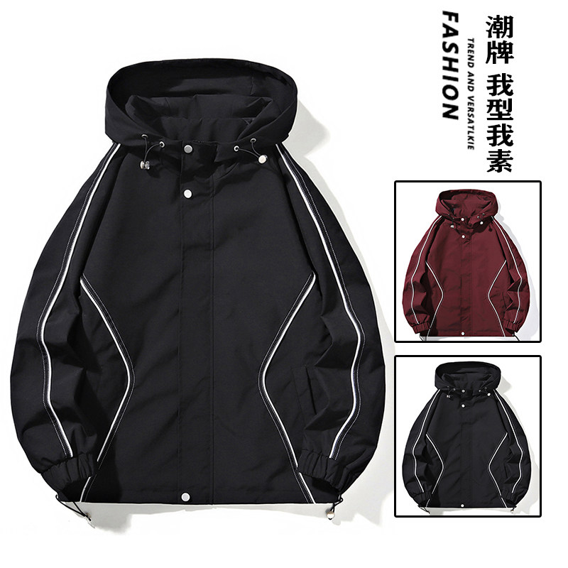 新款夹克男春秋连帽宽松工装山系户外防水拼色休闲男女冲锋衣外套