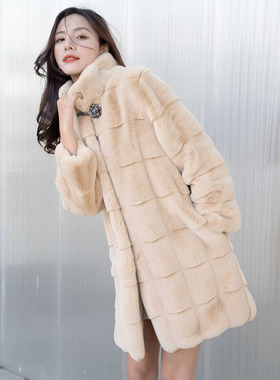 水貂毛皮草外套女冬中长款新款白色韩版羊毛毛绒长袖立领加厚大衣
