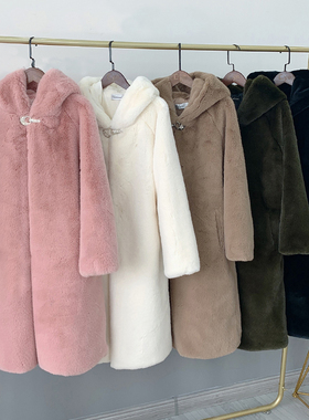 特价水貂毛毛绒皮草中长款过膝外套女秋冬仿兔毛加厚大码连帽大衣