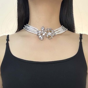 欧美轻奢多层珍珠花朵项链女扣头渐变灰高级感锁骨链甜美小众颈链