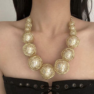 欧美夸张金属缠绕大颗珍珠项链女小众设计甜酷辣妹个性锁骨链颈链