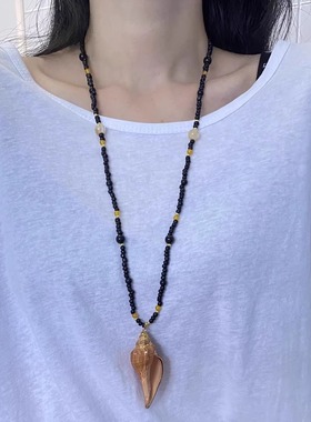 欧美黑色串珠天然海螺吊坠项链女