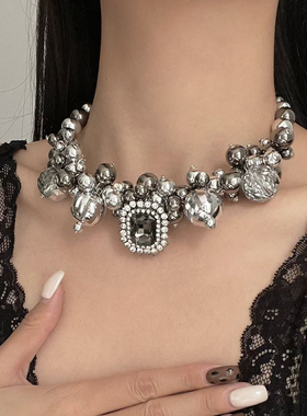 欧美夸张复古镶钻圆珠短款项链女