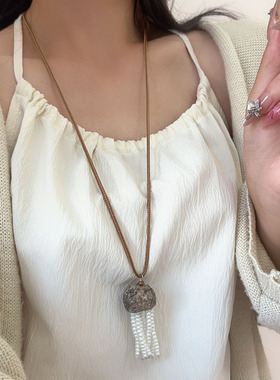 时尚果壳珍珠流苏水母吊坠项链女