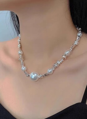 高档几何碎银串珠拼接珍珠项链女