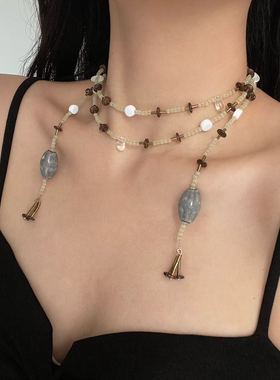 新中式复古茶晶串珠流苏项链女