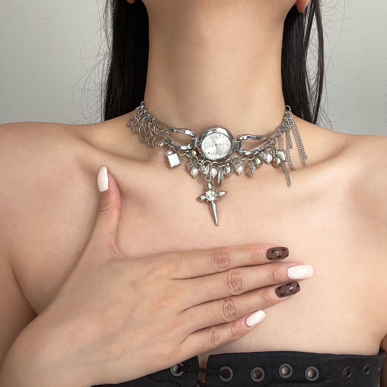 时尚甜酷朋克风钟表十字架项链女