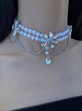 双层珍珠镶钻花朵挂链水滴项链女