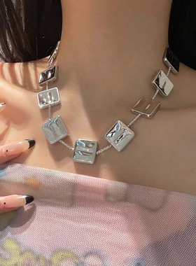 冷淡风金银色金属方形串珠项链女
