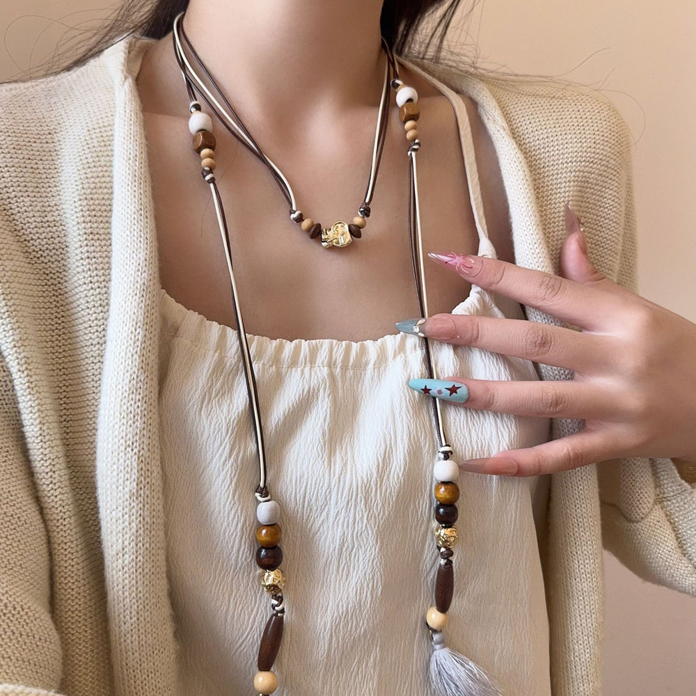 新中式复古彩色皮绳木质串珠流苏项链女小众设计民族风毛衣链颈链,饰品/流行首饰/时尚饰品新,项链,淘宝优惠券,粉丝福利购,淘宝优惠卷