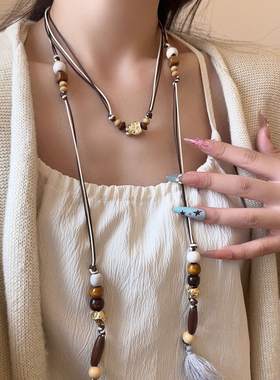 复古彩色皮绳木质串珠流苏项链女