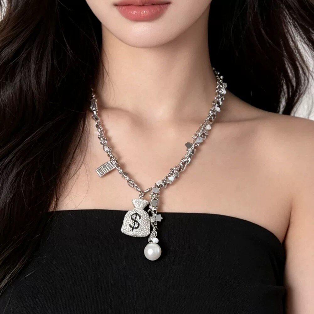 轻奢花朵亮片拼接镶钻钱袋子吊坠项链女高级感长款气质时髦毛衣链