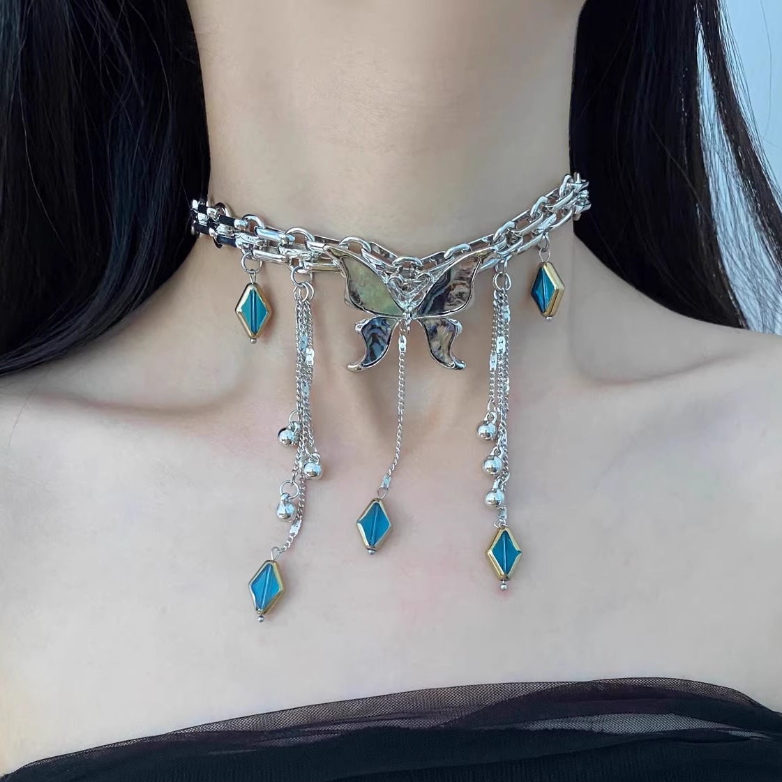 重工金属朋克水晶流苏蝴蝶项链女