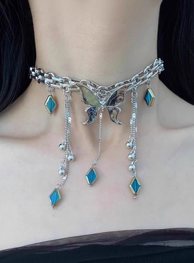 重工金属朋克水晶流苏蝴蝶项链女