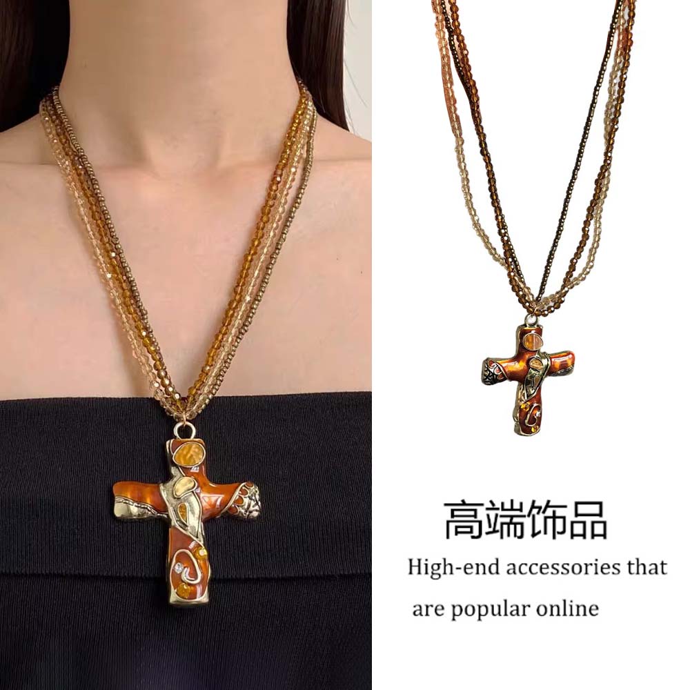 多层长款叠戴十字架项链毛衣链女