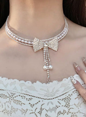 轻奢满钻蝴蝶结珍珠串珠项链项圈