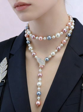 镶钻树叶卡扣多彩珍珠项链颈链女