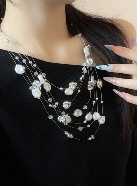 多层异形珍珠隐形鱼线串珠项链女