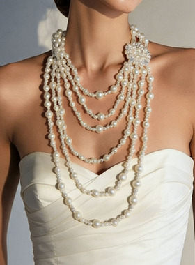 法式多层叠戴大小珍珠花朵项链女