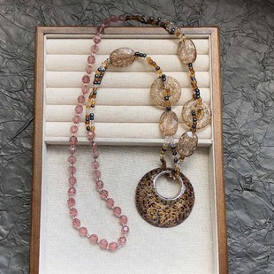 复古民族风豹纹斑马纹水晶项链女长款串珠y2k亚文化毛衣链锁骨链