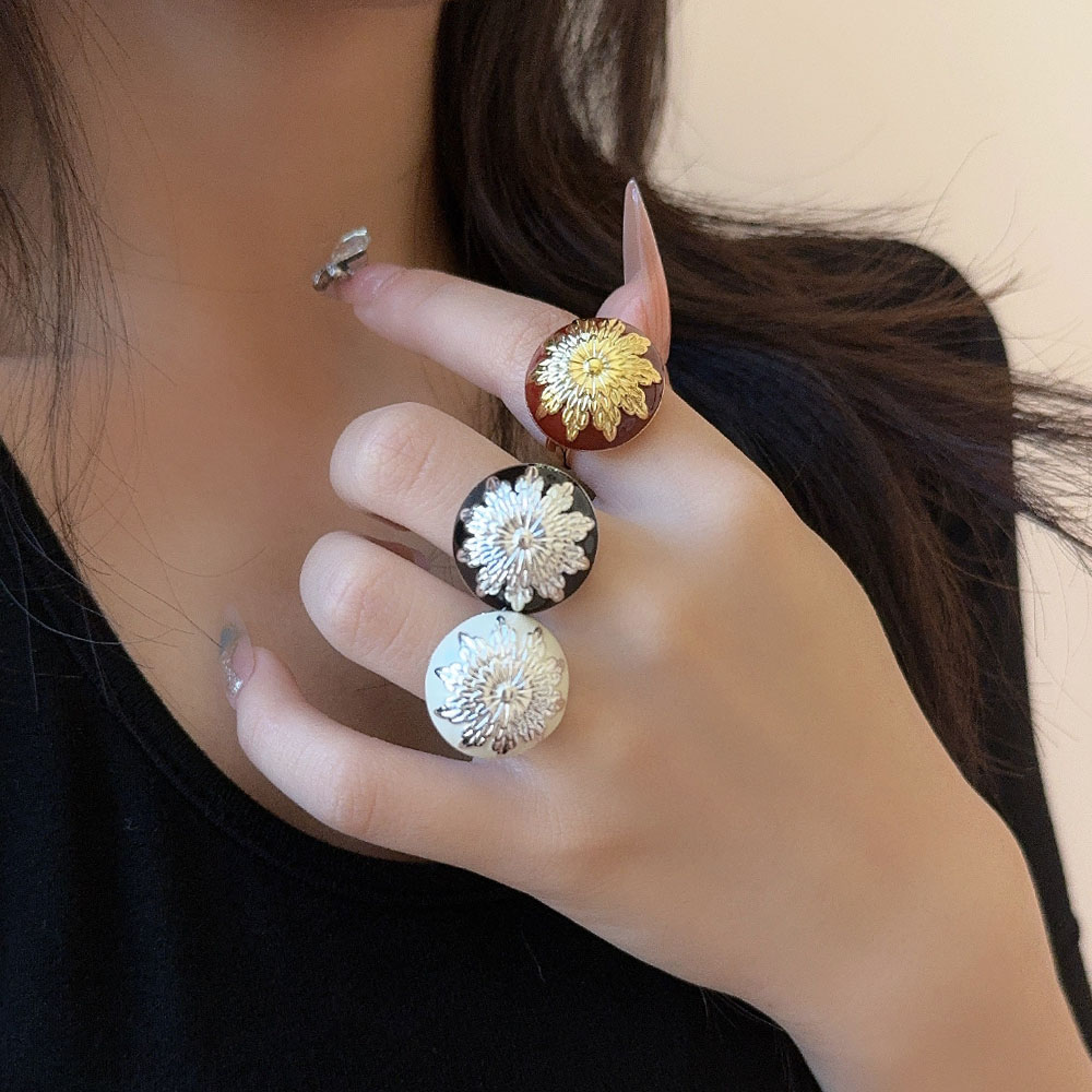 中古滴油珐琅雏菊花纹开口戒指女