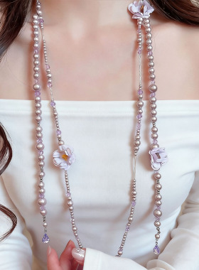 法式复古紫色花朵珍珠串珠项链女