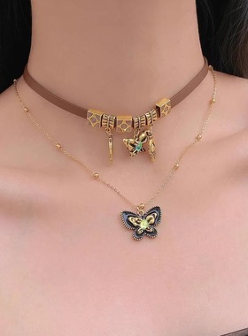 复古棕色皮质流苏蝴蝶吊坠项链女