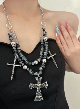双层串珠镶钻骷髅头十字架项链女