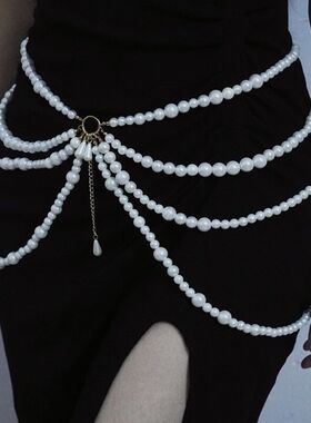 女珍珠复古多层流苏腰链腰带