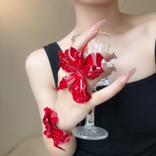 夸张酒红色金属大花朵开口戒指女