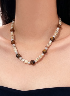 复古天然石串珠虎眼石拼接项链女