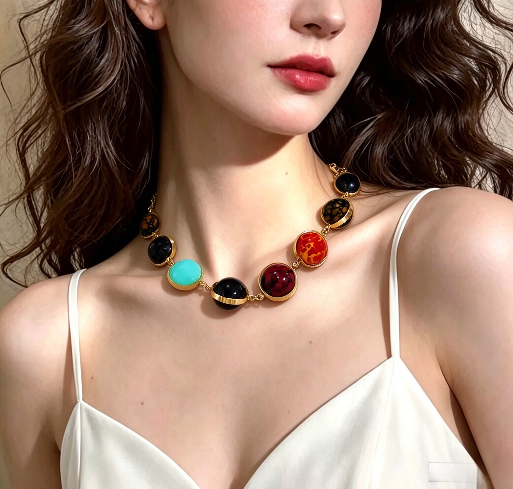 彩色琉璃圆珠串珠项链女小香风复古中式短款多巴胺锁骨颈链手链女