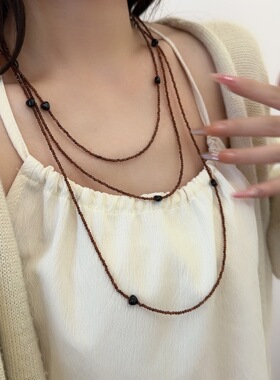 多层叠戴棕色水晶串珠项链女