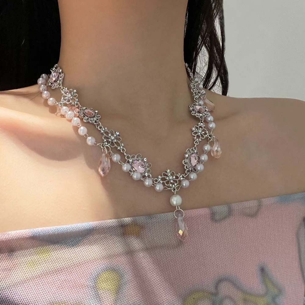 复古双层珍珠拼接粉钻水滴项链女