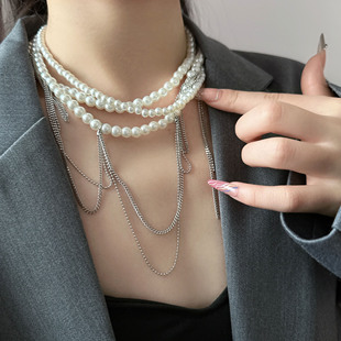 多层珍珠串珠链条流苏项链轻奢时尚性感辣妹气质优雅锁骨链颈链女