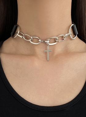甜酷辣妹皮革链条十字架项链项圈