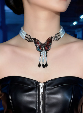 欧美多层珍珠镶钻蝴蝶流苏项链女