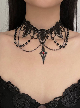 蕾丝花边流苏串珠菱形吊坠项链女