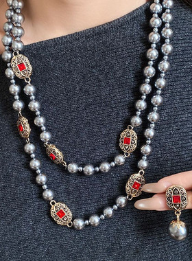 欧美镶钻珍珠串珠椭圆毛衣链耳针