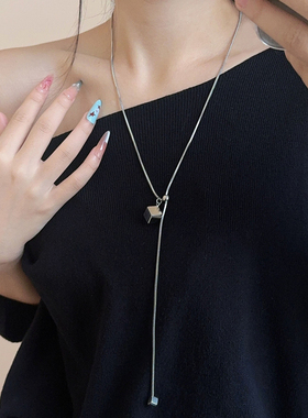 韩式简约银色方块吊坠蛇骨链项链