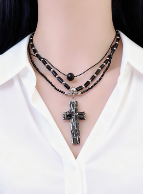 甜酷辣妹多层黑色串珠十字架项链